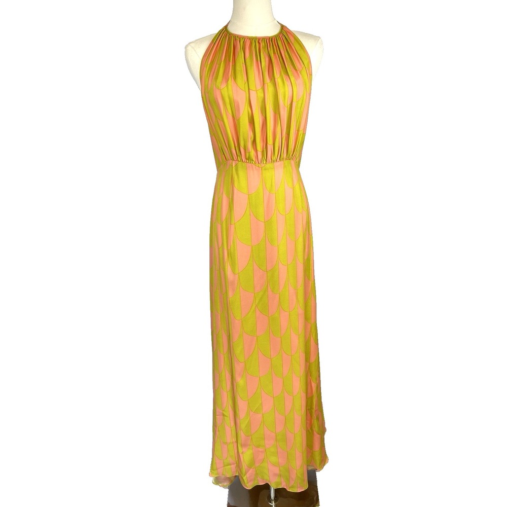 AGAIN Brand Womens Backless Halter 100% Silk Maxi Dress Sz M Event Resort Cruise